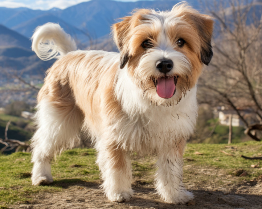 Cute dog in foreground with scenic mountain view