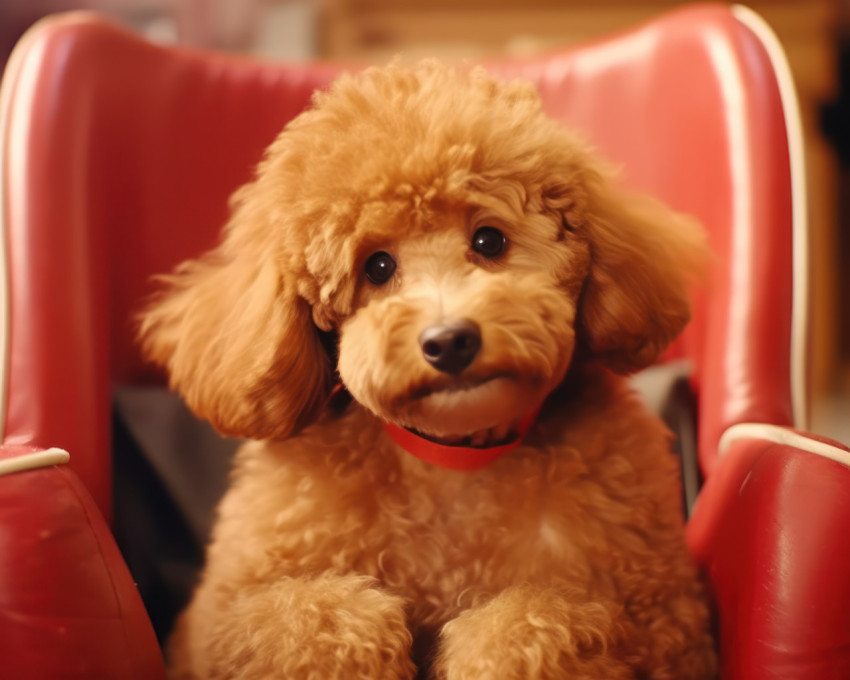 Cute short poodle sits calmly in the hairdresser chair during grooming session