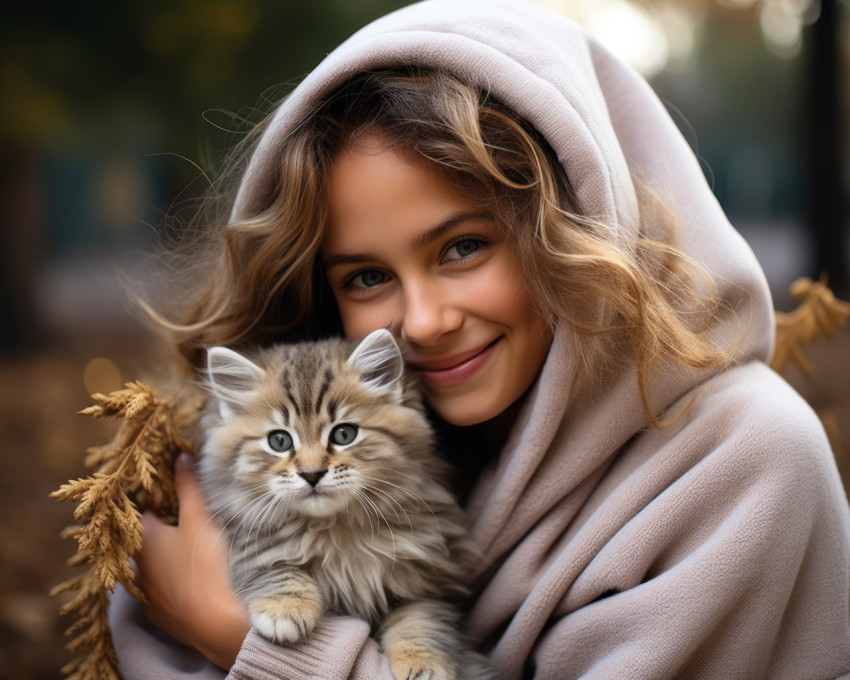 Young woman cradling adorable kitten in her arms outdoors