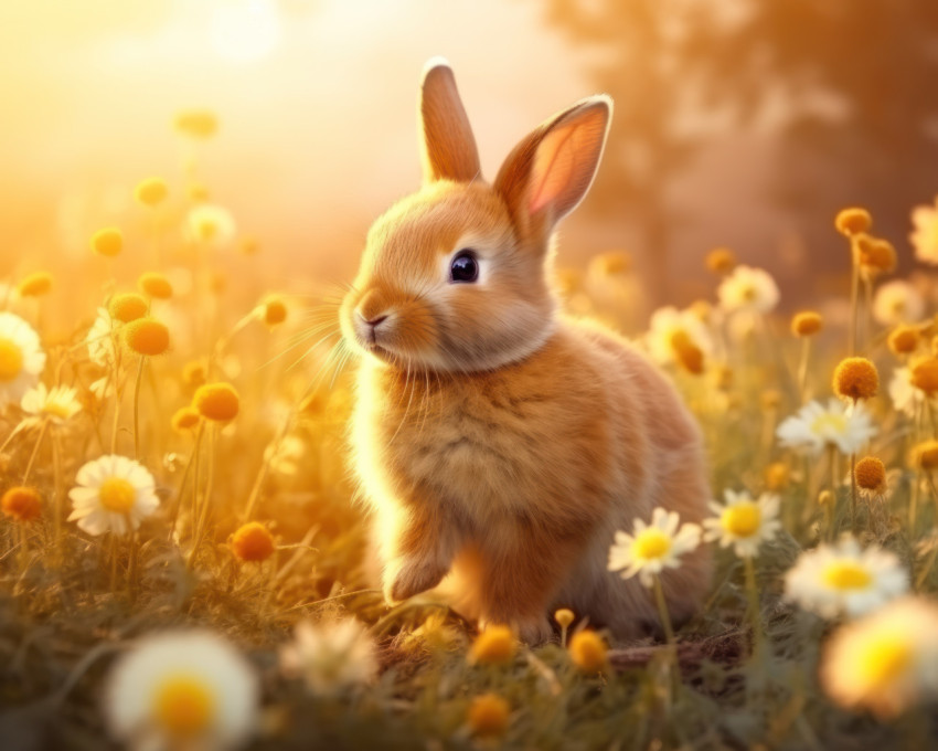 The cutest bunny having fun in a vibrant flower field on a sunny day