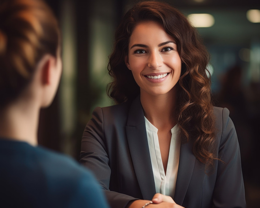 Happy mid aged businesswoman manager smile during office meeting interviewing female recruit for hr job