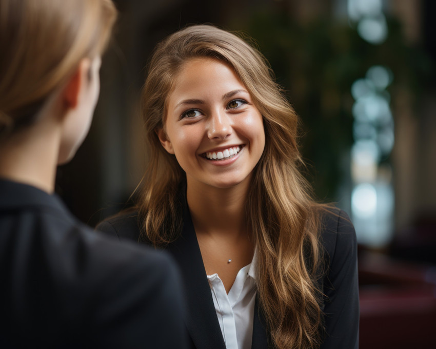 A photo capturing a cheerful female manager conducting interviews for new applicants in an office setting