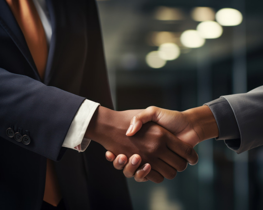 Businessman and woman close deal with handshake in office