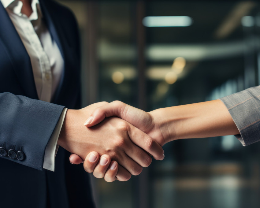 A businessman and businesswoman shaking hands in modern office