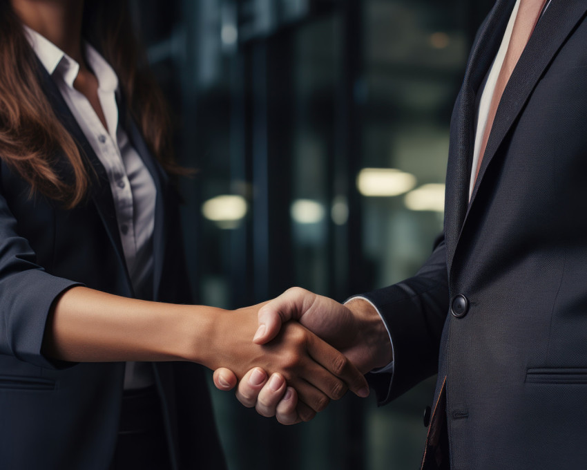 Businesswoman shakes hands with businessman in close up