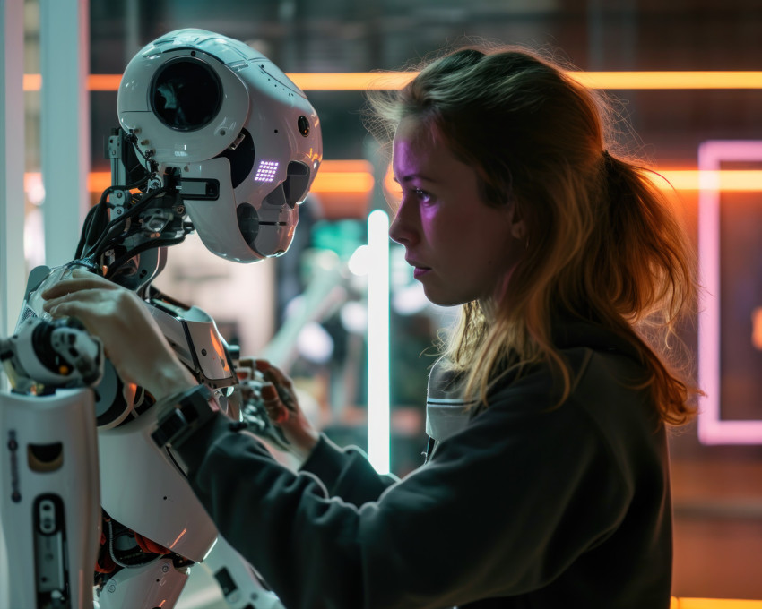 Woman interacts with robot in exhibit