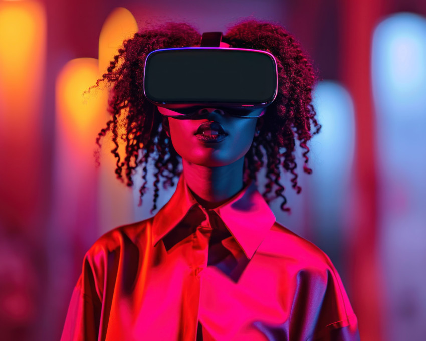 A woman experiences a thrilling digital adventure through her futuristic glasses