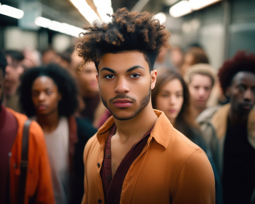 A man strides forward through a crowd