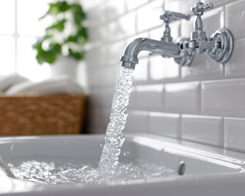 Water flows from the bathroom sink faucet