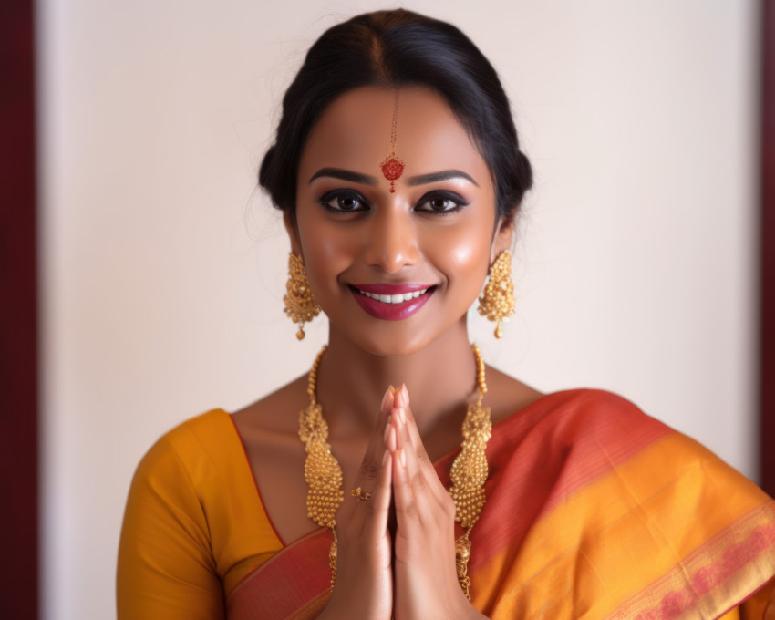 Indian marathi woman joyfully greeting during ganesh chaturthi celebration