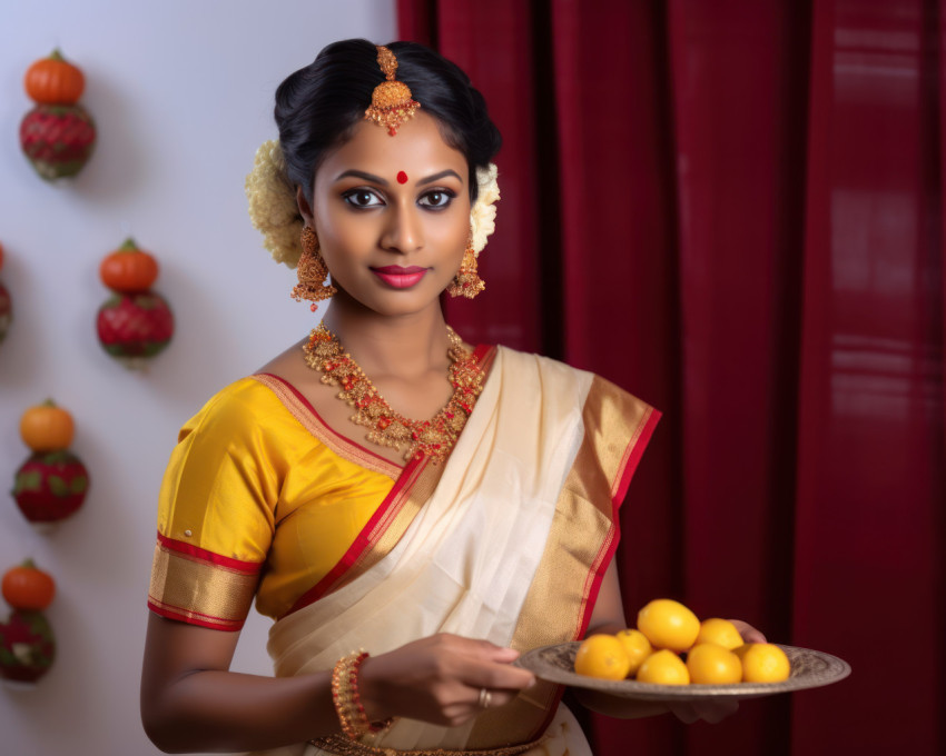 Indian marathi woman in traditional outfit celebrating cultural richness with sweet ladoo