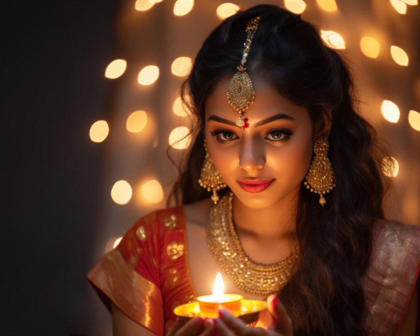 Indian marathi woman covers oil lamp flame during ganesh chaturthi celebration