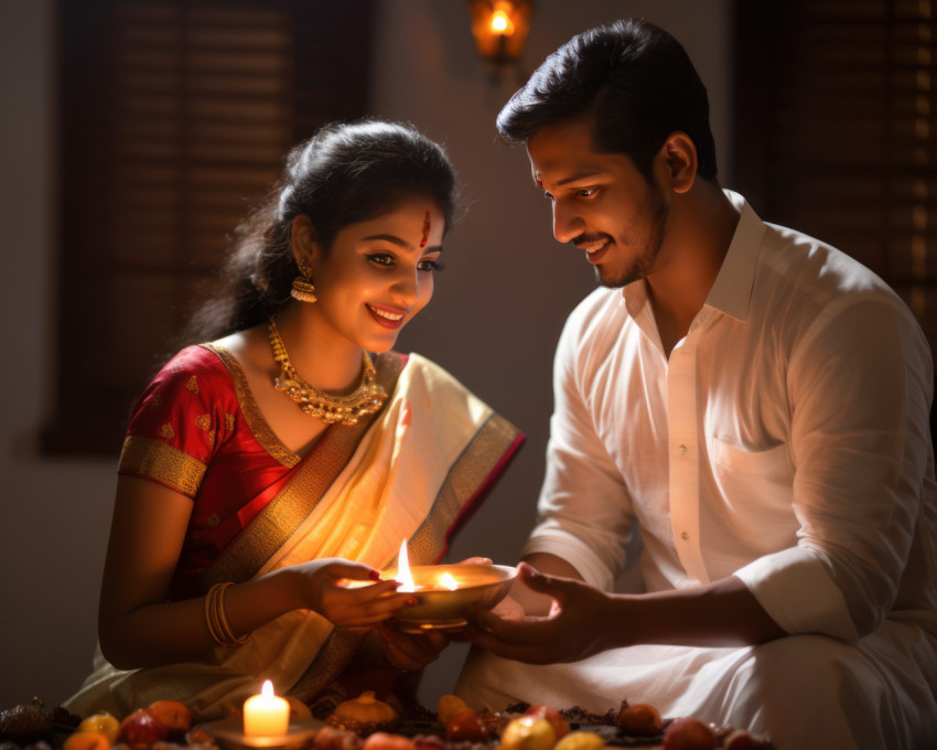 Indian marathi couple lighting oil lamp for ganesh chaturthi celebration