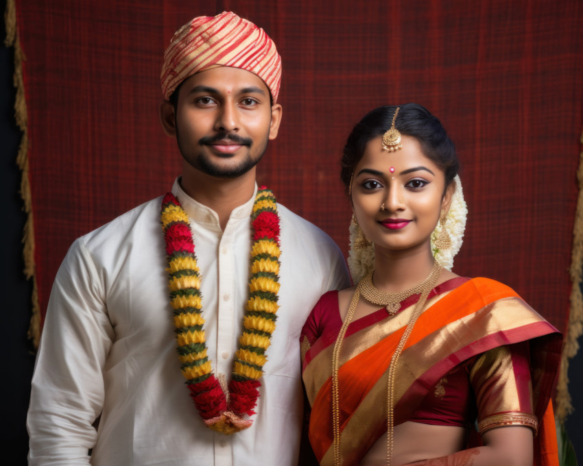 Indian marathi couple in traditional dress celebrating gudi padwa festival with joy and traditional rituals