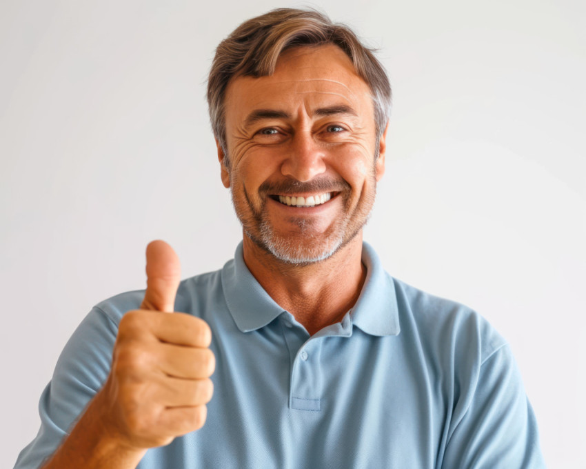 Happy man smiling giving a thumbs up gesture in isolation on a white background