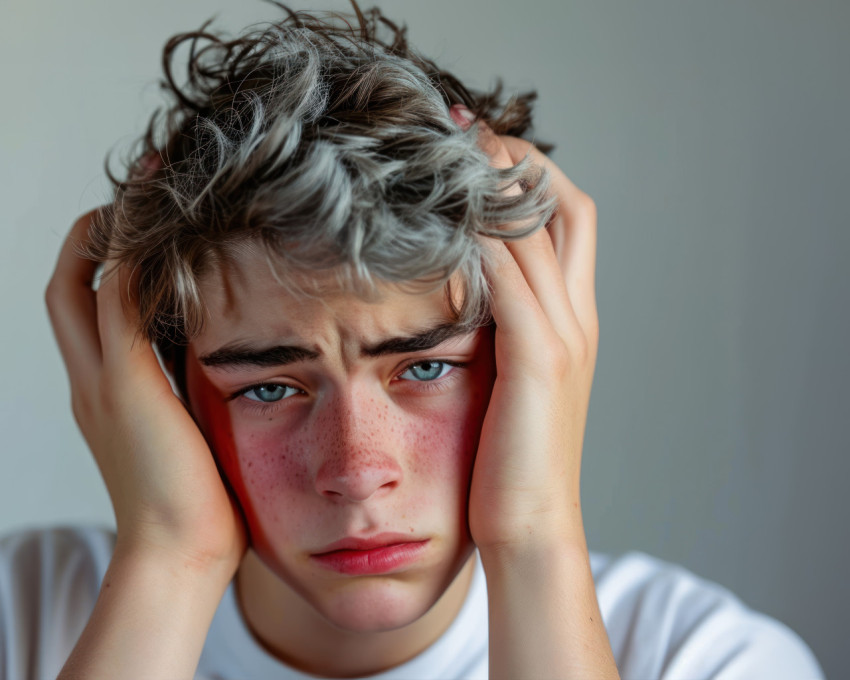 Teenager man in emotional pain suffering from headache and migraines