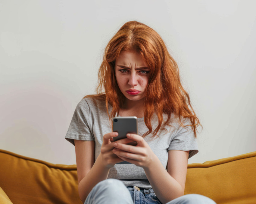 Upset millennial redhead girl holds smartphone reads unpleasant message faces social media distress battling emotions