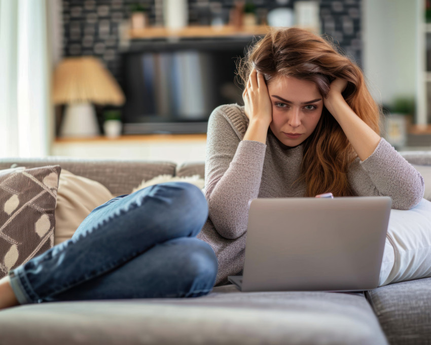 Upset woman at home using smartphone and laptop feeling down