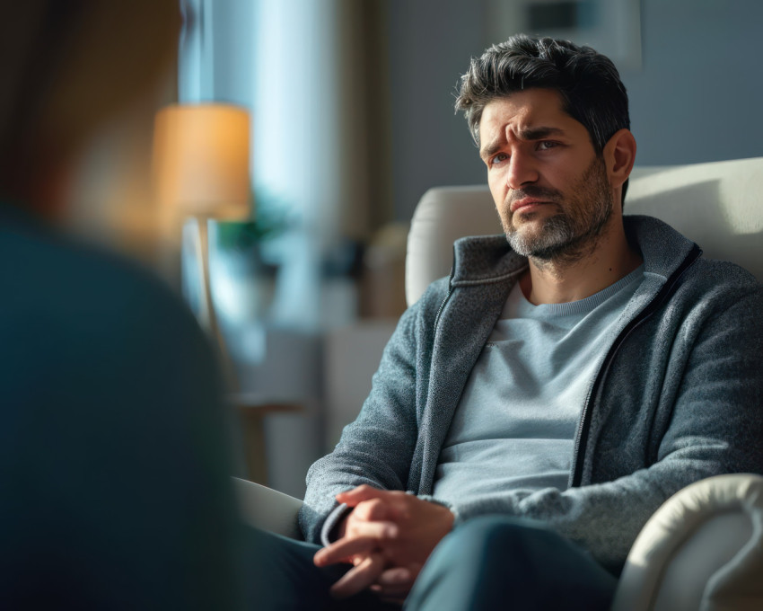 Man receiving emotional support for depression during therapy session focusing on mental health and well being