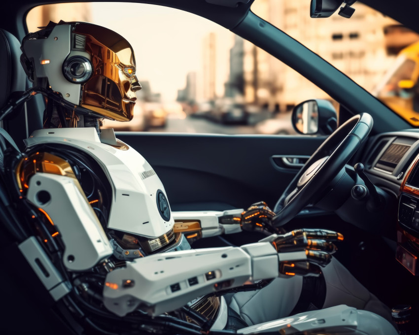 Robot sitting in car futuristic technology concept automation in vehicle artificial intelligence passenger in automobile
