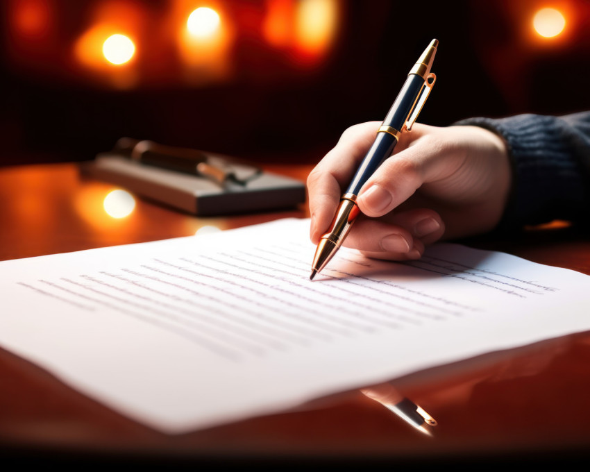 Someone signs a document with a pen on a table