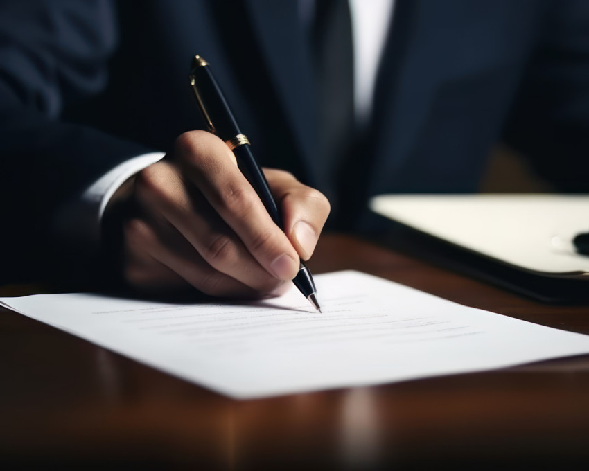 Businessman signs contract with pen on desk document sealing the deal in an office setting