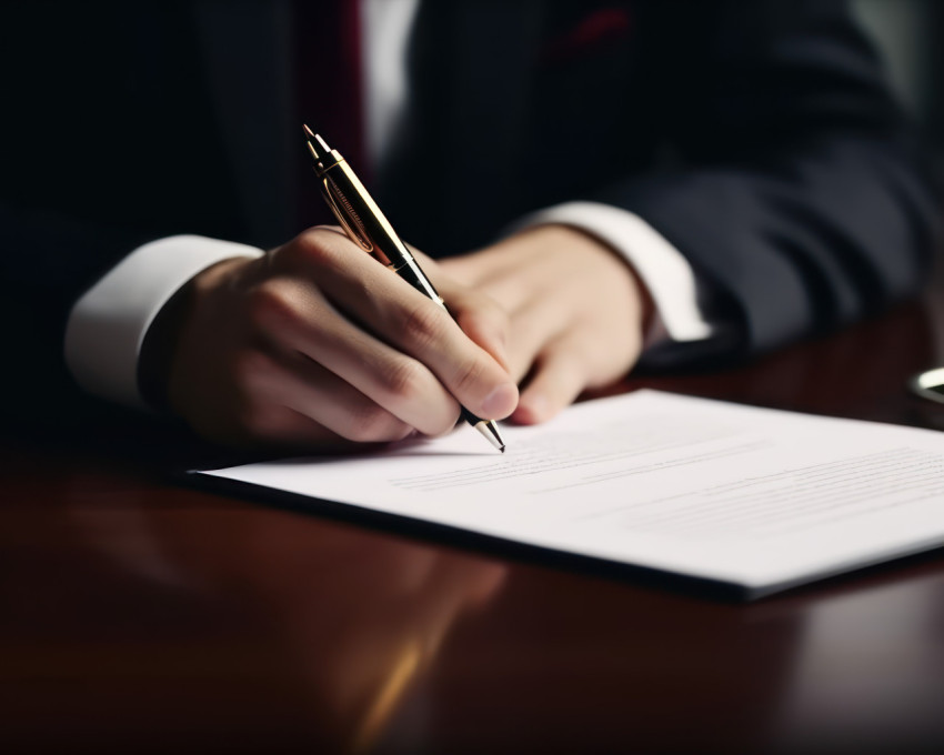 Businessman signs contract with pen on desk document