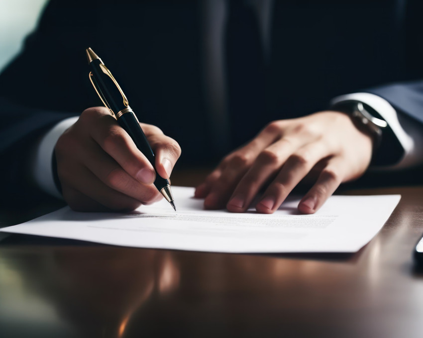 Businessman signing contract with pen on desk document office agreement