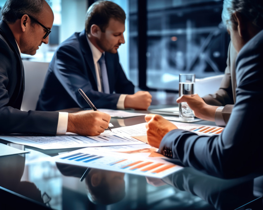 Business men in a meeting discussing information on paper