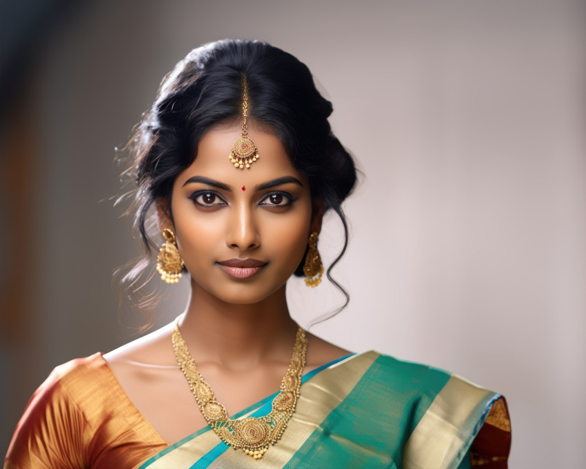 Portrait of a beautiful indian marathi woman adorned in a traditional sari and jewelry