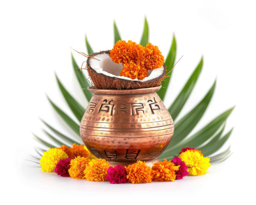 A beautifully decorated copper kalash with coconut mango leaf and marigold flowers on a white background