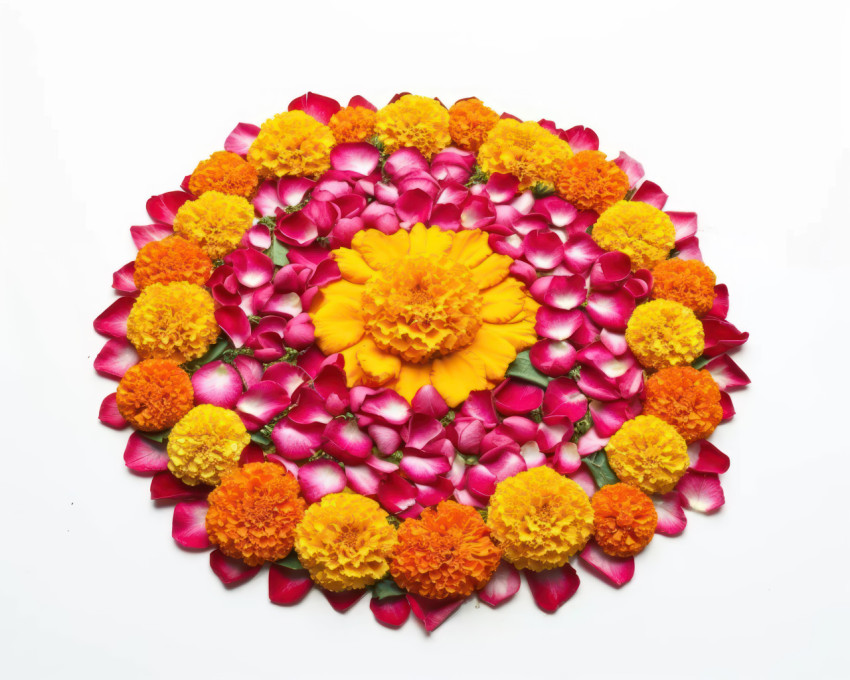 Gudi padwa flower rangoli marigold and rose petals creating a design on a white background