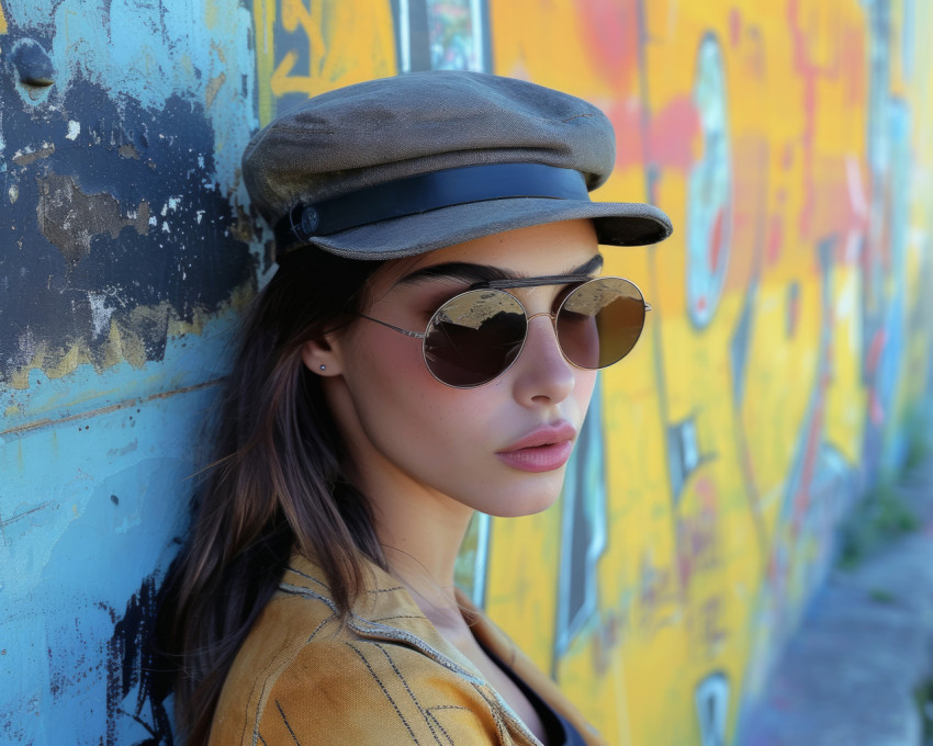 Girl in sunglasses and cap stands by graffiti wall