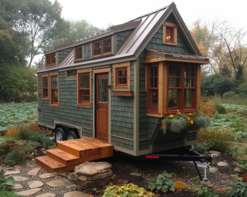 Tiny house built on trailer in garden