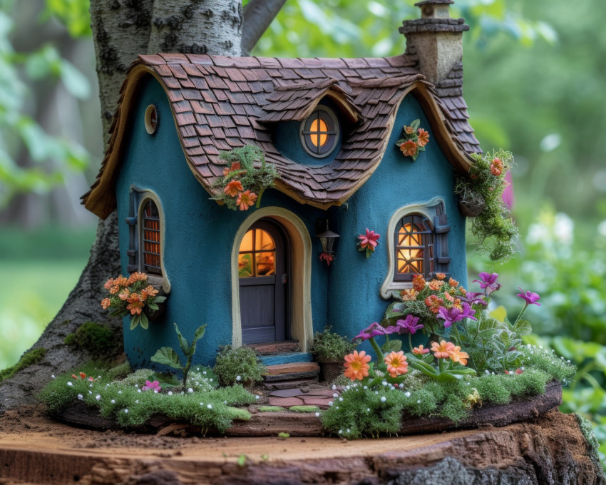 Blue fairy house surrounded by vibrant flowers in a magical garden