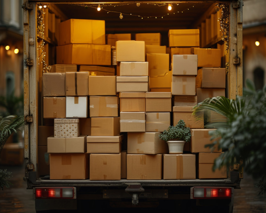 Moving truck filled with stacked boxes ready for transportation