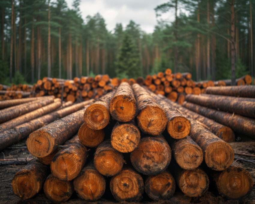 Massive stack of tree logs in the forest showcasing the aftermath of logging activities