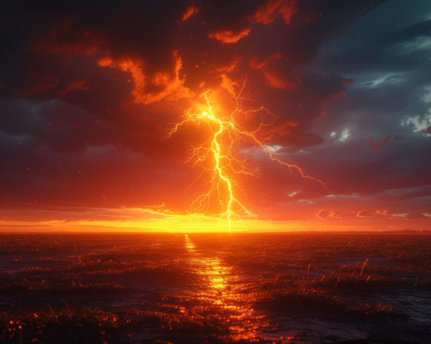 Lightning strikes dramatically at sunset illuminating the dark sky with a powerful burst of energy