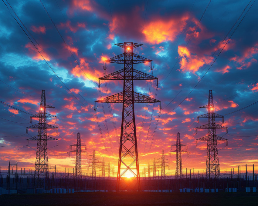 Power towers stand tall against stormy sunset clouds creating a dramatic and captivating scene of nature power