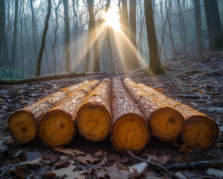 Logs arranged in woods with sunlight creating a rustic scene in a peaceful forest setting