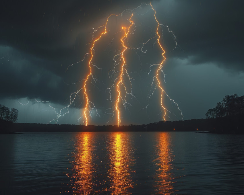 Lightning dramatically streaks across the sky over a serene lake during the evening