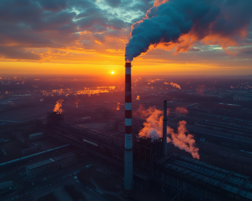 Sunset silhouette of a smokestack overlooking an industrial factory in an urban area