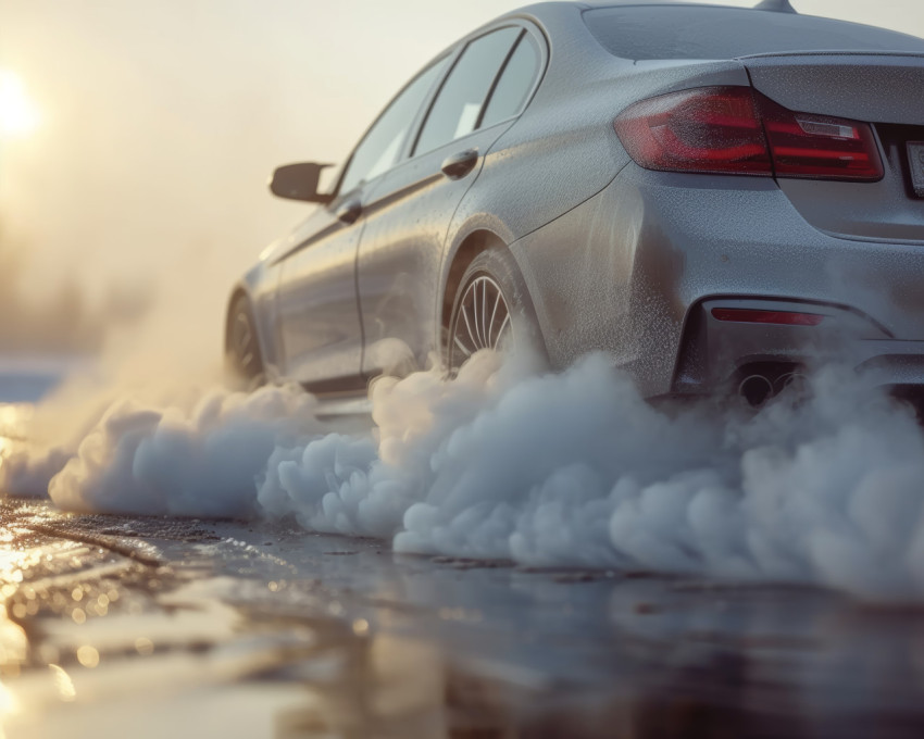 Smoke rises from the exhaust pipe of a silver car