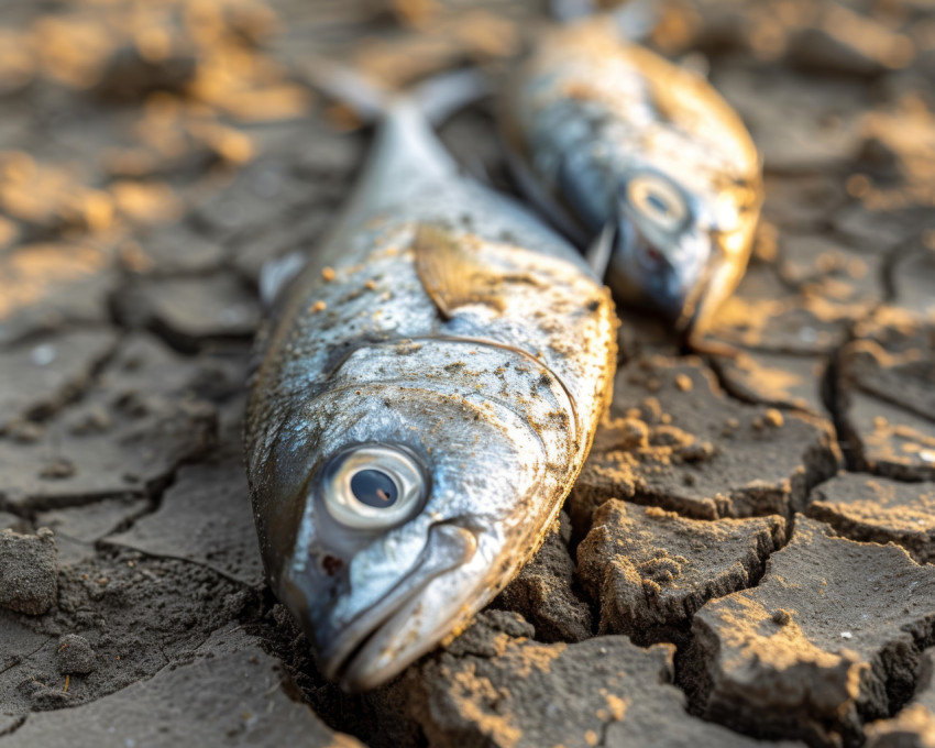 Lifeless fish on parched cracked earth