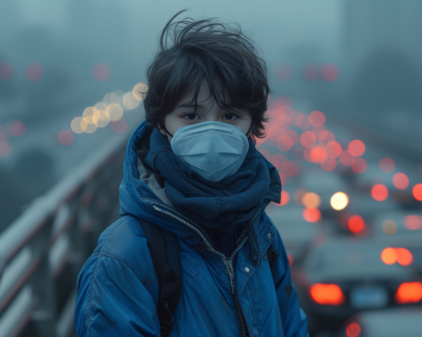 Boy in blue jacket wearing face mask stands on bridge with passing traffic