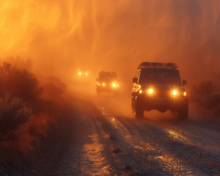 Cars drive through morning fog on a dirt road creating a mysterious and scenic atmosphere