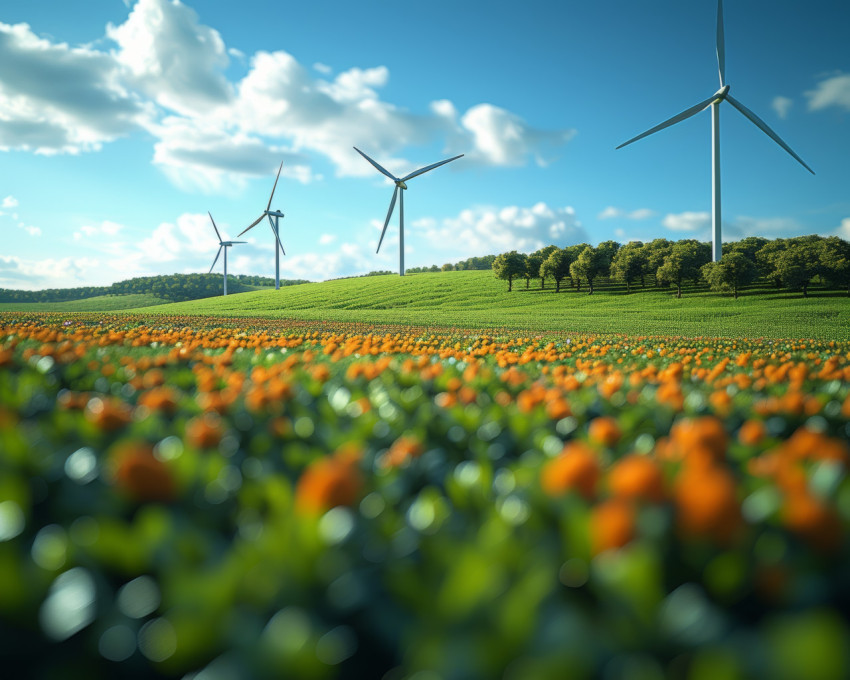 Windmills stand tall in a green field under clear blue skies harnessing the power of the wind to generate clean energy