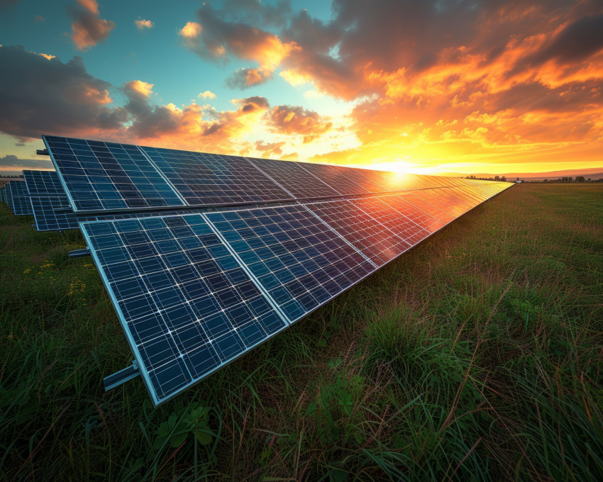 Solar panels in a field capturing the last rays of sunset to generate clean energy for a sustainable future