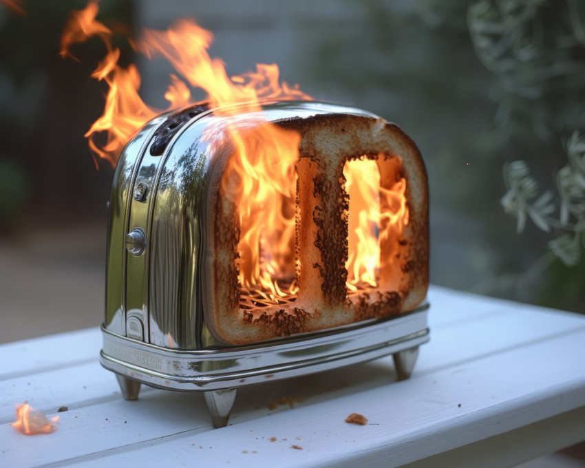 Toaster on fire on white bench