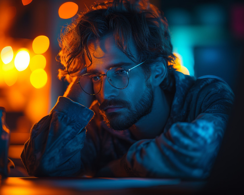 Stressed man in glasses sitting at desk with head in hands overwhelmed with work or challenges